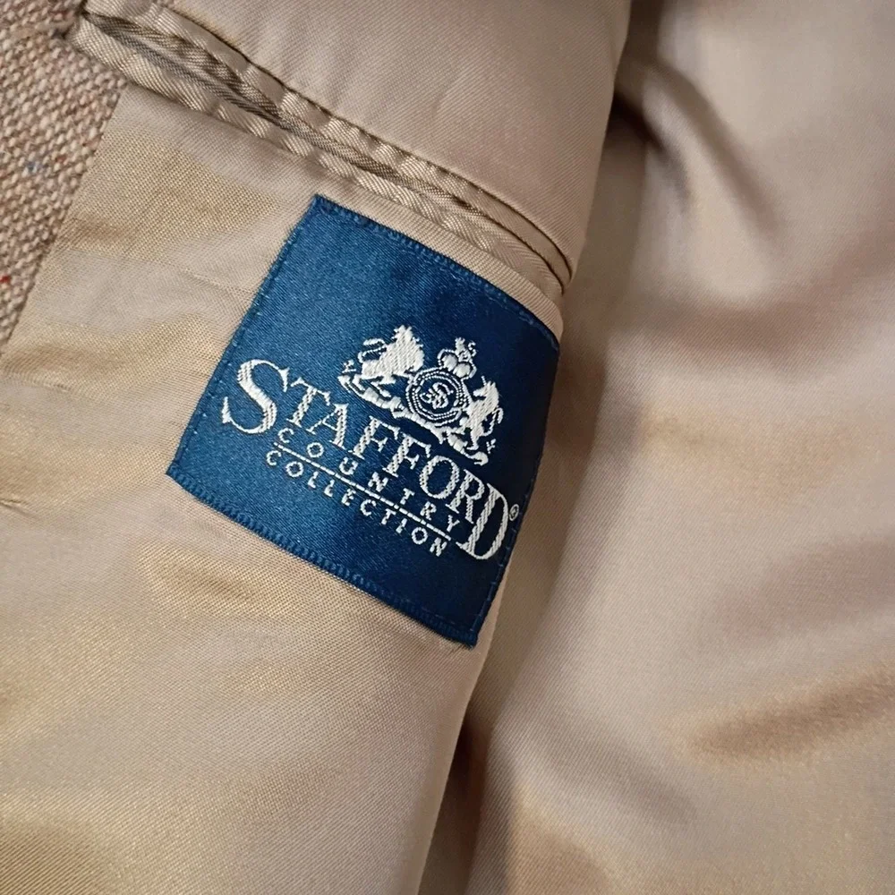 Stafford Tweed Blazer Mens 44L Tan Wool Elbow Patch Heritage Sport Coat Vintage